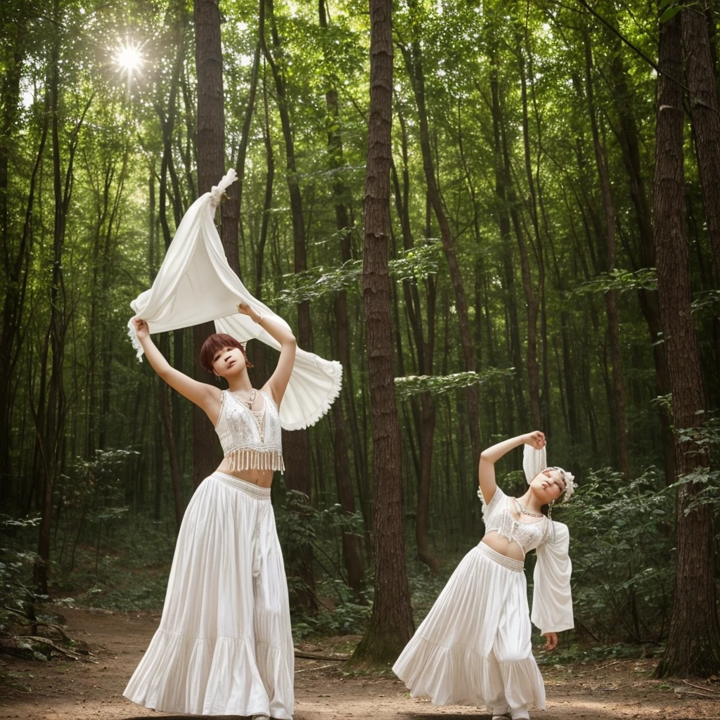 Park Jimin in a gypsy boy dancing in the forest, with whitish skin, and light white clothing on his body.