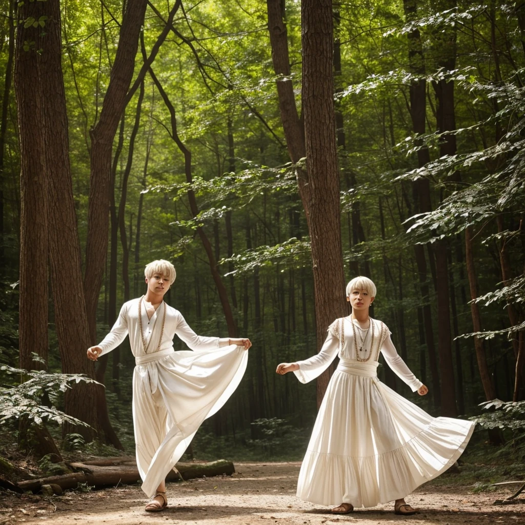 Park Jimin in a gypsy boy dancing in the forest, with whitish skin, and light white clothing on his body.
