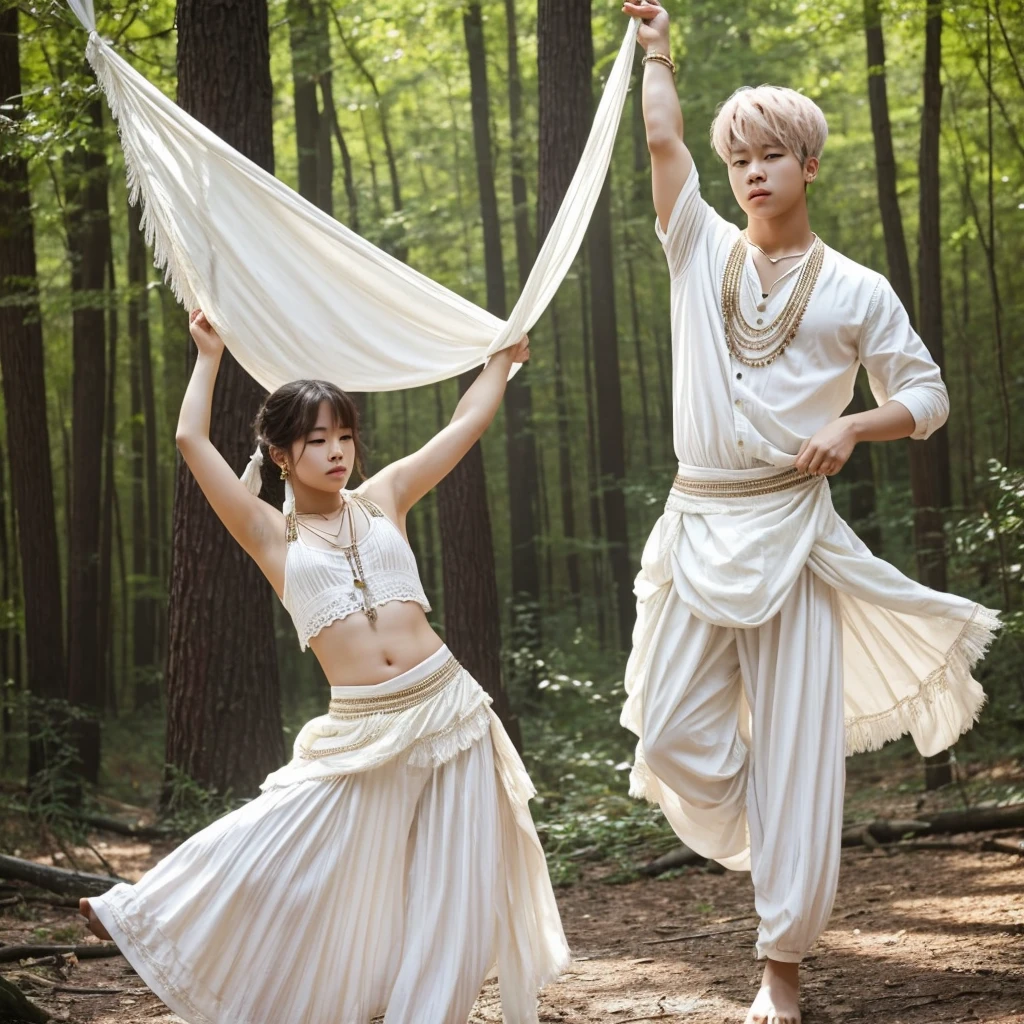 Park Jimin in a gypsy boy dancing in the forest, with whitish skin, and light white clothing on his body.