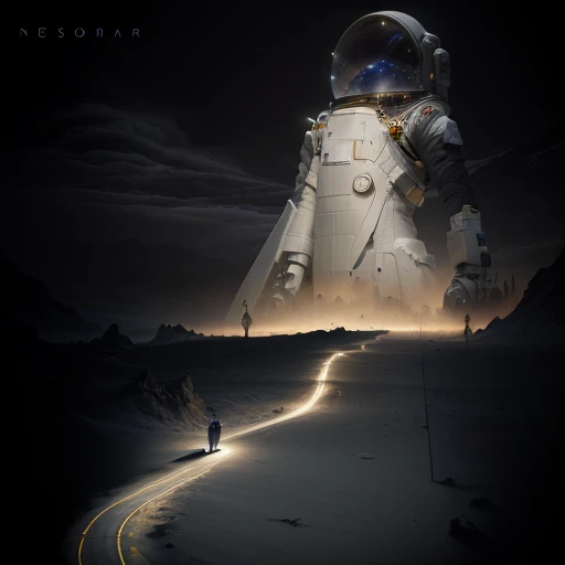 there is a man standing on a road with a giant statue in the background, desolate. digital illustration, neosurrealism. digital art, surrealistic digital artwork, collage style joseba elorza, colossal, surreal matte painting, astronaut lost in liminal space, 3 d render and matte painting, colossale interstellar portal, matte painting”, matte painting ”