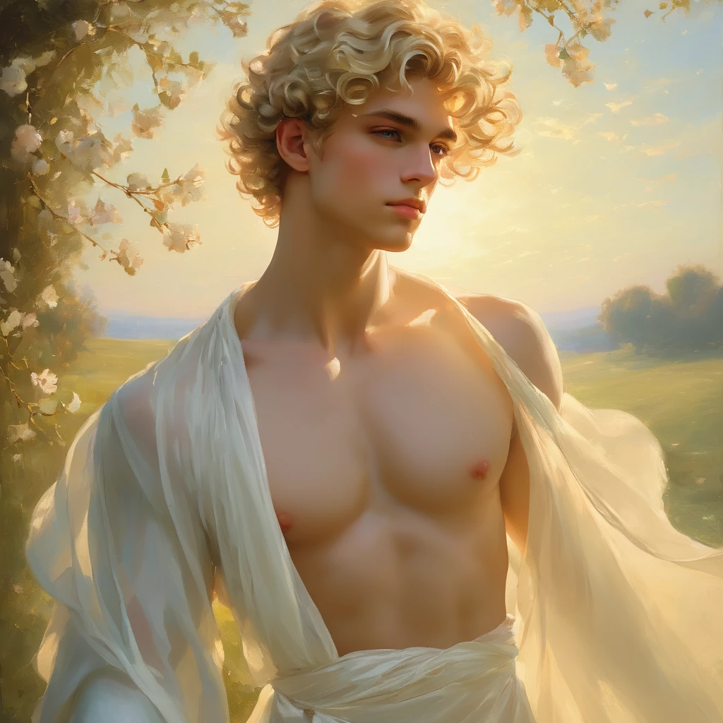 candid an full body photo of prince charming, 23 year old male supermodel, attractive and exotic, short curly blonde hair, a masculine appearance with slender smooth body, delicate and symmetrical face, natural olive skin tone, pose in a graceful contrapposto stance, inspired by Irises by Vincent Van Gogh 1889, he is wrapped in classical drapery sheer pastel color fabric, with flowing dramatically in the strong wind, some fabric to billow as if caught, The composition include mythological elements, such as a backdrop of a serene with a golden sunrise and nymphs to frame the scene. Illuminate the scene with soft diffused lighting to create a dreamlike, celestial atmosphere, capturing the delicate interplay of light and shadow on his face and body. ((full body shot)), wide-angle lens on a high-resolution DSLR camera to capture the grandeur and intricate details of the setting, while shooting from a dynamic angle to emphasize the model's majestic presence. The overall mood should blend the classical elegance of Botticelli's work with a modern, high-fashion aesthetic, producing an image that feels both timeless and contemporary, adding the Two Cherubs in the sense to balance and harmony the photo, evoke the soft ethereal quality of the Renaissance style, POV, raw photo, ((masterpiece)), ((best quality)), High Resolution, (ultra_realistic), (photorealistic), (NSFW), ((Pay attention to the layer and arrangement of body and surrounding)), ((Pay attention to the body composition)), ((Correct body structure)), ((Correct distance)), romantic atmosphere, lively extremely Gorgeous background,