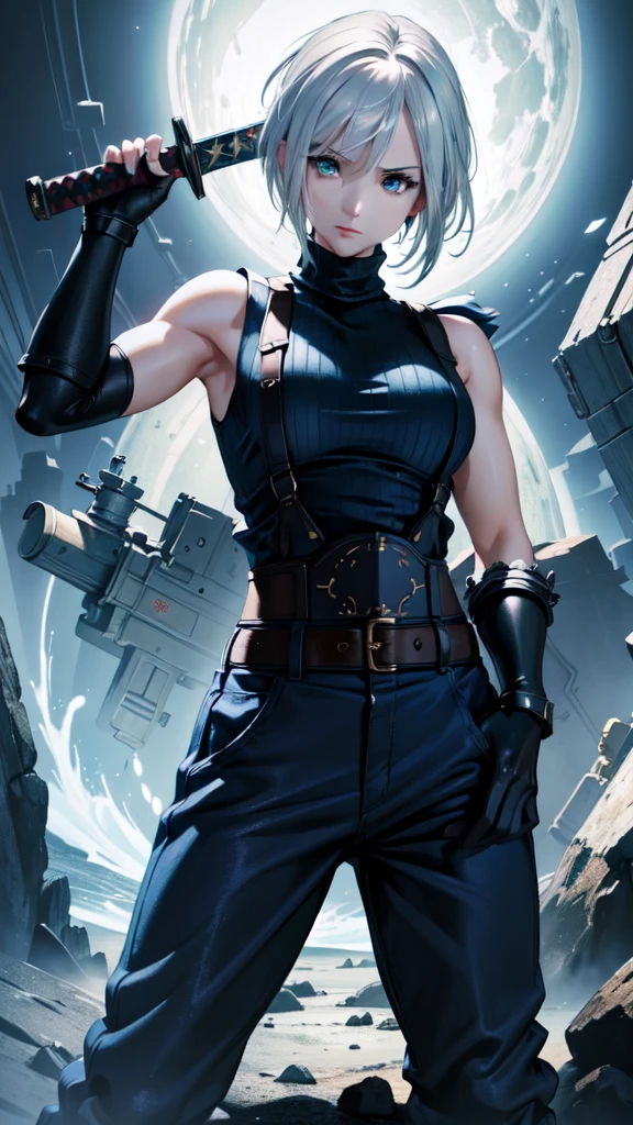 (masterpiece, best quality:1.2), expressive eyes, perfect face, highres, 1 girl, solo, (female:1.5), strife, short hair, shoulder armor, sleeveless turtleneck, suspenders, belt, gloves, bracer, standing, portrait, looking at viewer, White hair, Blue glowing eyes, holding a giant katana,