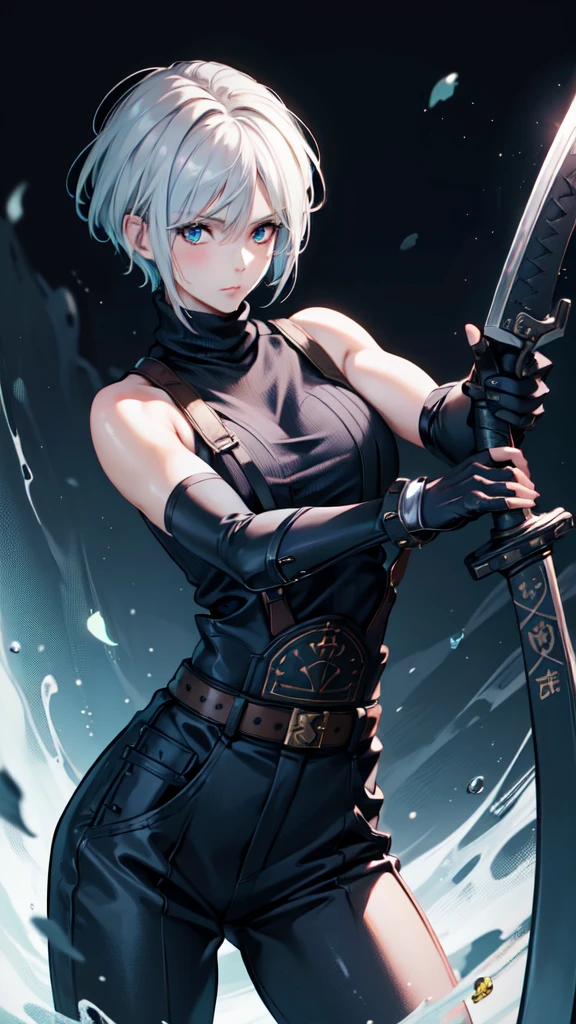 (masterpiece, best quality:1.2), expressive eyes, perfect face, highres, 1 girl, solo, (female:1.5), strife, short hair, shoulder armor, sleeveless turtleneck, suspenders, belt, gloves, bracer, standing, portrait, looking at viewer, White hair, Blue glowing eyes, holding a giant katana,