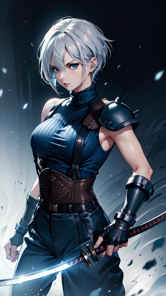 (masterpiece, best quality:1.2), expressive eyes, perfect face, highres, 1 girl, solo, (female:1.5), strife, short hair, shoulder armor, sleeveless turtleneck, suspenders, belt, gloves, bracer, standing, portrait, looking at viewer, White hair, Blue glowing eyes, holding a giant katana,