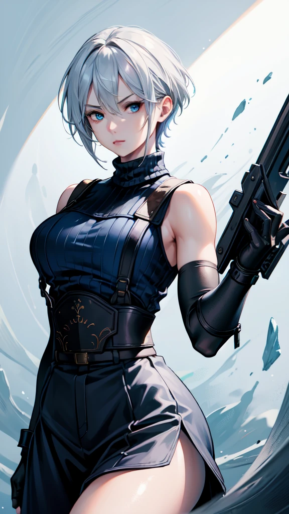 (masterpiece, best quality:1.2), expressive eyes, perfect face, highres, 1 girl, solo, (female:1.5), strife, short hair, shoulder armor, sleeveless turtleneck, suspenders, belt, gloves, bracer, standing, portrait, looking at viewer, White hair, Blue glowing eyes, holding a giant katana,