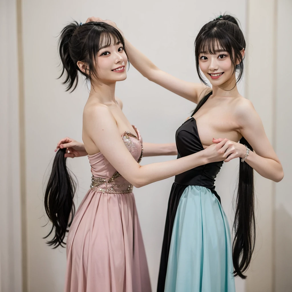 20-year-old、woman、Japanese、cute、ponytail、Black Hair、singer、Random Pause、height150cm、Pastel dance costumes、smile、Random Pause、