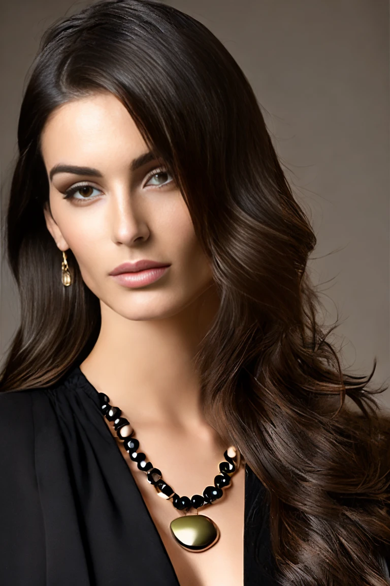 gros plan d’une femme avec de longs cheveux noirs et un collier, peau noire foncée tone, peau sombre tone, with peau brune, she has olive peau brune, dark peau brune, very dark peau brune!, peau noire foncée, peau sombrened, peau foncée, peau sombre, peau brune. Maquillage léger, Marie Borges, fille noire, jeune femme noire