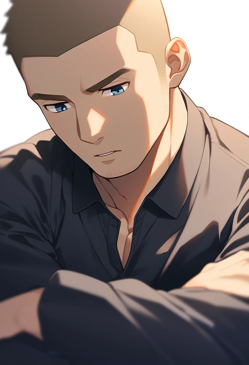 1boy, male focus, sitting on the bed, sidepec, muscular male, muscular, bara, defined abs, upper body, solo, huddled pose, looking down, serious, very short hair, buzzcut, stubble, light brown hair, clear blue eyes, slepping, parted lips, open black plain sedan pajamas, black pajamas, distant and sad look, white background, simple background, best quality, amazing quality, best aesthetic, absurdres, year 2023
