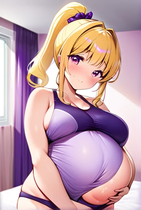 Pregnant women,Pregnant belly,Multiple births,Swimwear,Big Breasts,Purple and white hair,Hair Gradient,ponytail