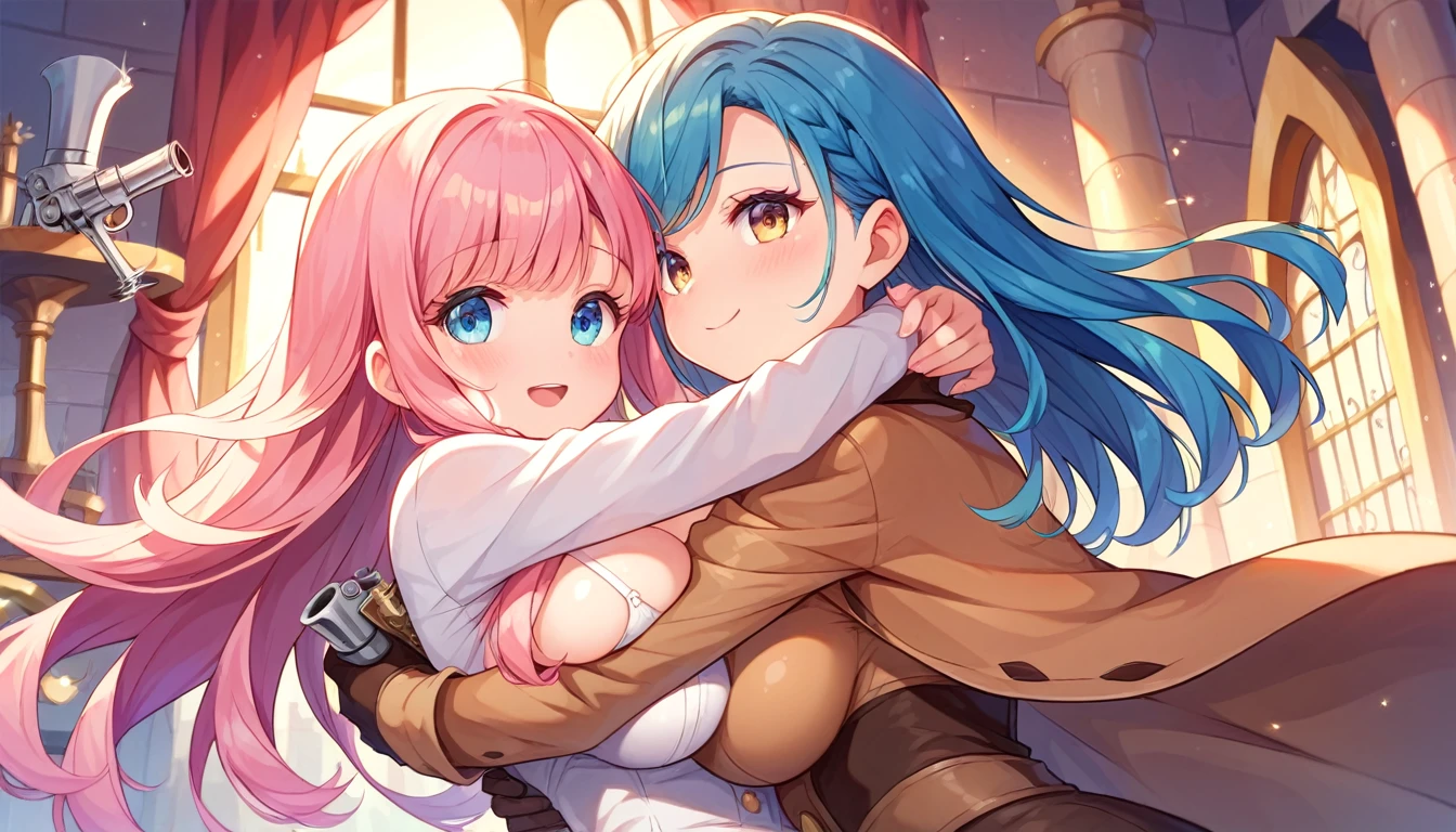 ((multiple girls:1.3)), ((moe style:1.3)), ((cowboy suit:1.3)), ((hugging:1.3)), ((revolver:1.3)), ((castle town:1.3)), ((large breasts:1.3)), ((centerfold:1.3)), ((extremely feminine:1.3)), perfect hands, ((perfect face)), ((extremely cute:1.3)), ((masterpiece)), ((8k)), ((best quality)), ((beautiful)), ((extremely detailed:1.3)) , ((absurdres)), AddXL, ((score_9:1.3)), ((score_8_up:1.3)), ((score_7_up:1.3)),