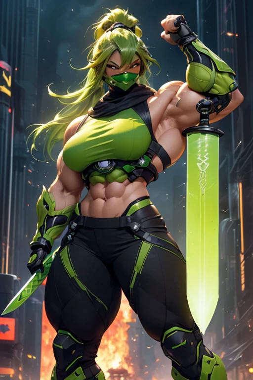 ((((Massive, beautiful, buff, muscular light brown skinned female ninja with green hair, black lipstick, ginormous bulky muscles, holding a green fire sword and wearing a green cybernetic ninja armor with pants)))), (close view), black eyeliner, massive muscles, large breast, massive biceps, hyper muscle triceps, (long curvy hair), orange eyes, mask, ninja boots, In a futuristic city, steel ninja armor, nighttime, closed smile, hyper muscles arms, hyper muscle legs, ginormous arms
