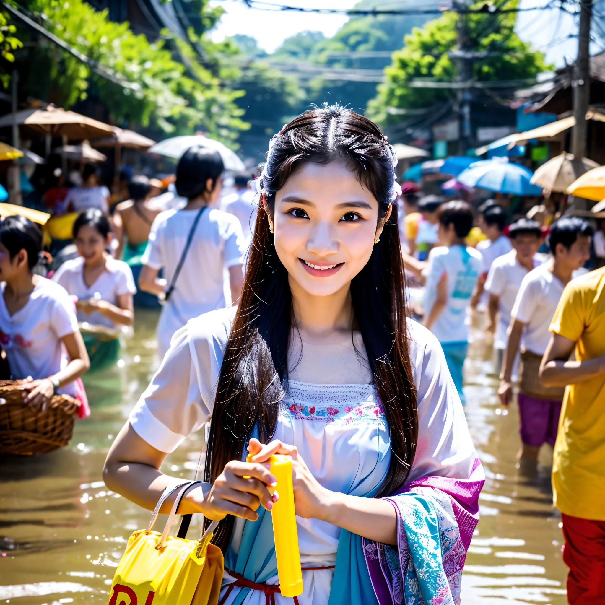 songkran,(((It's raining but I don't have an umbrella))),Wet roads , soaked through,drenched, Dripping, Wet Face,Wet clothes, Wet Skin, Wet Hair,A young woman with a cute face like an idol,chest,((chestの谷間)),((Full body portrait)),(White blouse),cling,RAW Photos,Genuine,Genuine,High resolution,RAW Photos,masterpiece, Genuineistic, beautiful