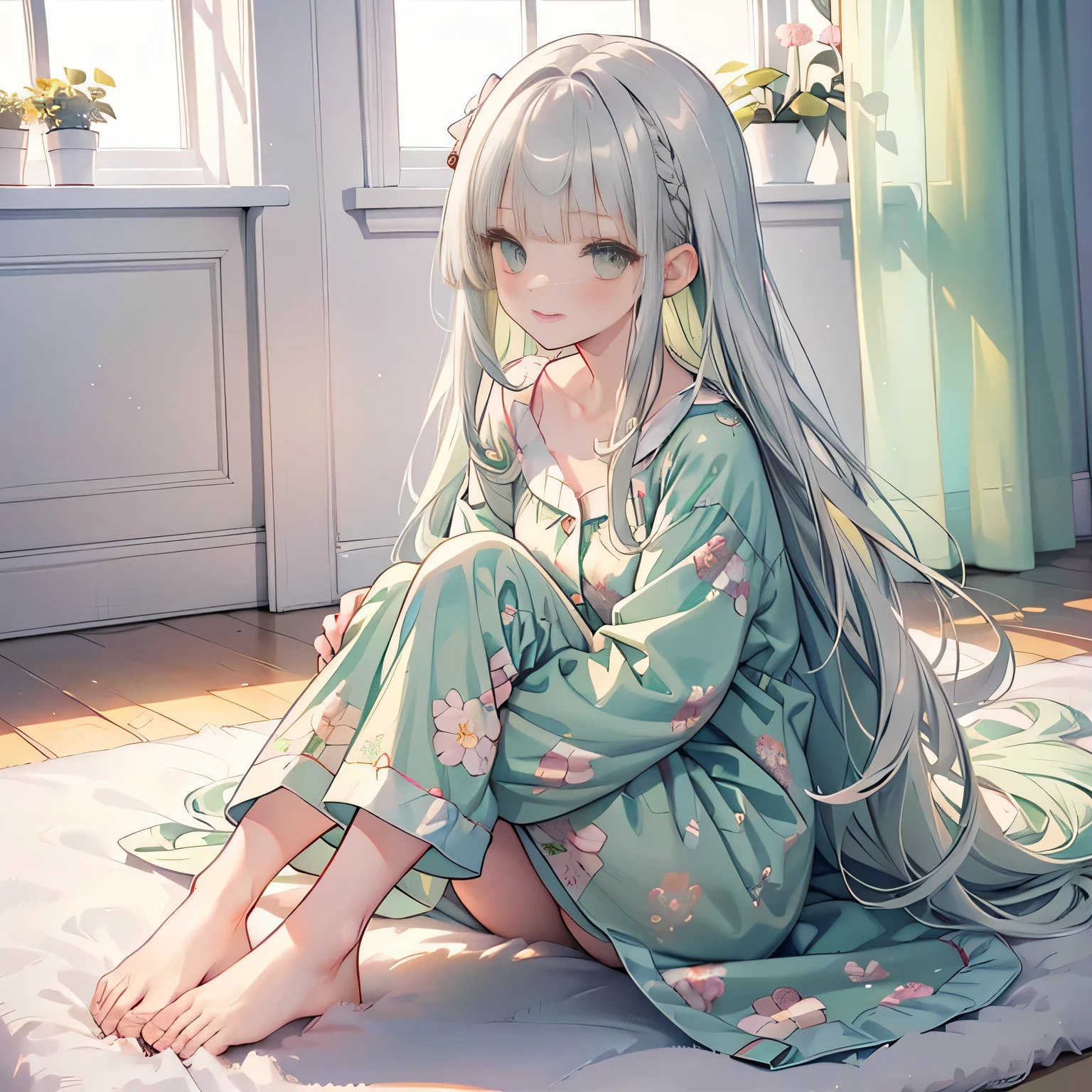 ♥full body,(floral cute pajamas),((1girl,cute,little ,semi long beautiful silver green hair,blunt bangs,beautiful eyes)),beautiful pastel house room,flat sitting on the carpet,curtain,window,night starry sky,
(solo),(looking at the viewer), innocent smile,cinematic lighting and pause,