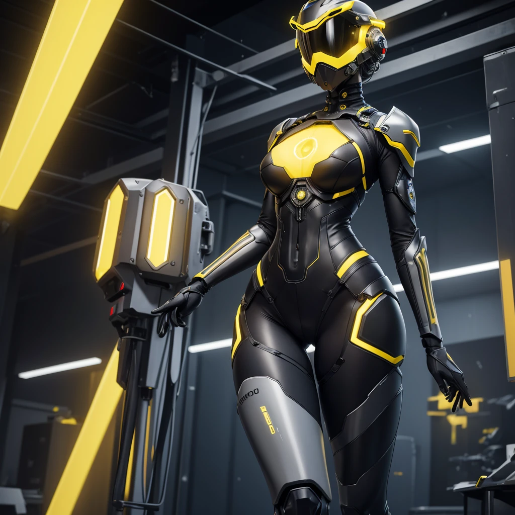 (masterpiece), (best quality), (high res) Solo, (perfect anatomy) Dronificated unknown woman , (enclosed gray full body armor) (yellow lights) (yellow glowing core in the chest), (enclosed cyber helmet), (yellow screen), huge breast, narrow waist, wide hips and thick thighs, (no face) no face, no hair, no mouth, no eyes, inside a room Being geld anf fucked by a machine, (exposed chest), (sex), (fuck)