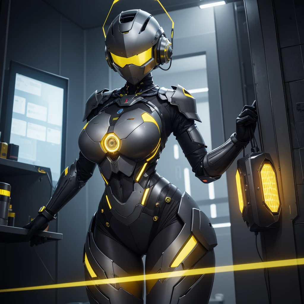 (masterpiece), (best quality), (high res) Solo, (perfect anatomy) Dronificated unknown woman , (enclosed gray full body armor) (yellow lights) (yellow glowing core in the chest), (enclosed cyber helmet), (yellow screen), huge breast, narrow waist, wide hips and thick thighs, (no face) no face, no hair, no mouth, no eyes, inside a room Being geld anf fucked by a machine, (exposed chest), (sex), (fuck)