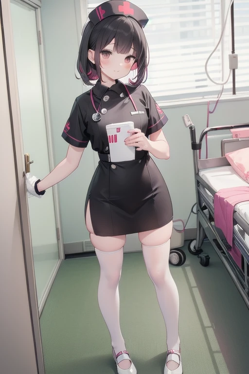 1girl, 独奏, nurse, nurse cap, white wear, ((white legwear, zettai ryouiki)), white gloves, pink hair,  drooping eyes, ((covered nose)), standing, ((hospital room)), sharp outline, short sleeves, best quality, masterpiece，Fleshy，Brown eyes，Black hair，happy，lol，red waistband，Black clothes，Full body shot，Thick thighs，Strike a pose，Black Silk，bandy