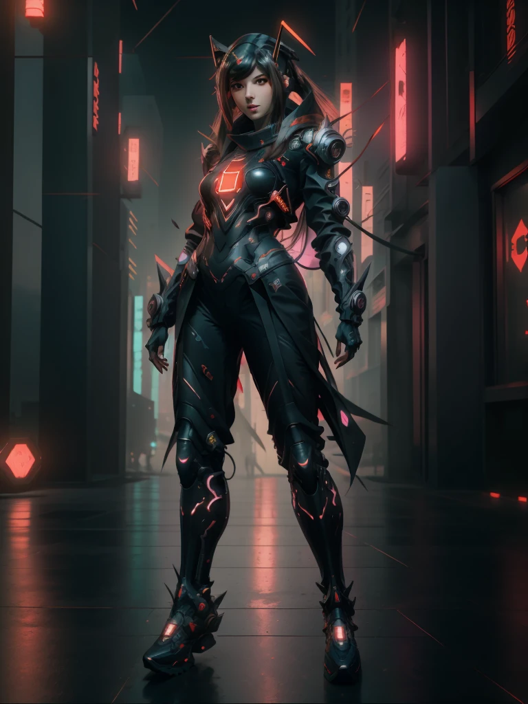 meggii2023, 1 girl,  uhd, best quality, masterpiece, photorealistic, ornage hair, cyberpunk , cyberninja suit, full body suit, genji suit, cyberpunk city, cowboy shot, cowboy shot, raw image,