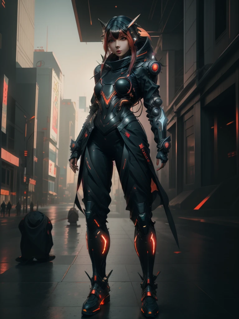 meggii2023, 1 girl,  uhd, best quality, masterpiece, photorealistic, ornage hair, cyberpunk , cyberninja suit, full body suit, genji suit, cyberpunk city, cowboy shot, cowboy shot, raw image,