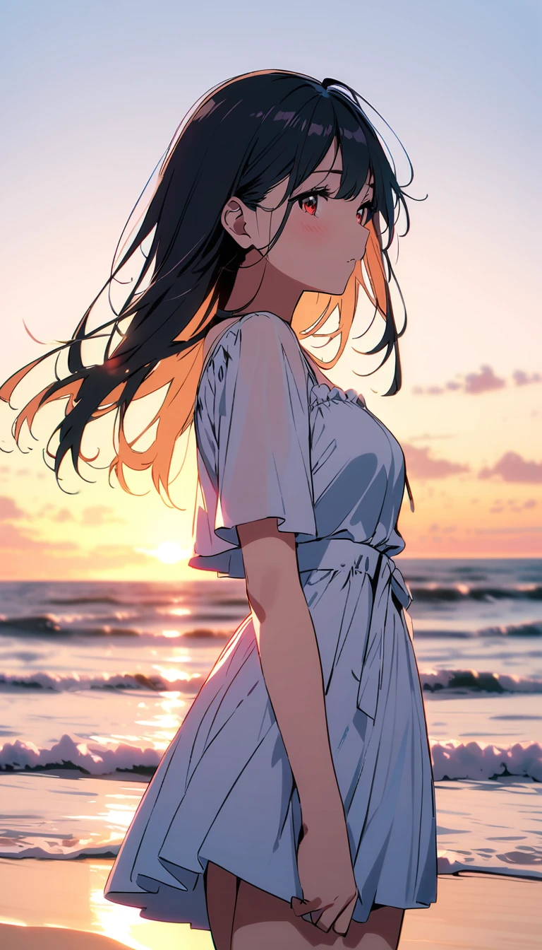 A woman who loves summer。Watching the sun set on the horizon、Resting one&#39;s chin on one&#39;s hand。A digital illustration-like, gentle atmosphere。The expression is delicate and beautiful、Hot Contemporary Art。masterpiece:1.2