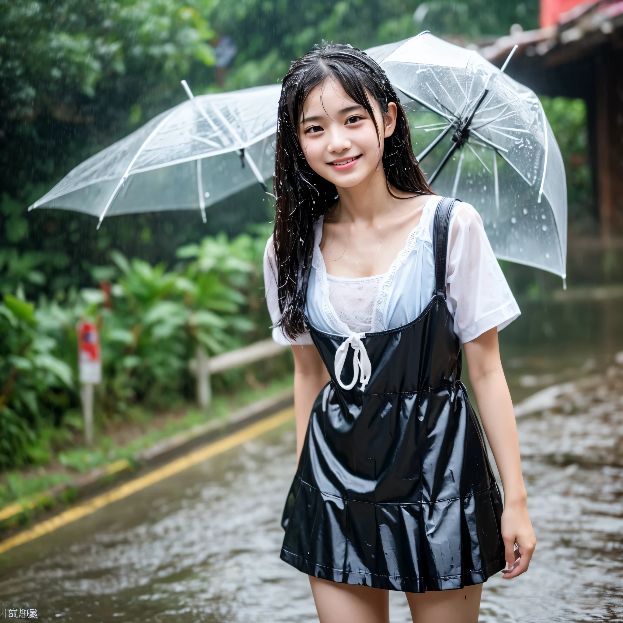 ( old girl.he is short.Height: 130cm.sharp eyes.black hair.The skin is lustrous.slender.extremely small breasts.very thin).(See-through white tank top.Nipples are clearly visible.shorts)(Rural rice field road.it's raining.I'm soaked from the rain.smiling)perfect face.There is a sense of dynamism.The whole body is shown