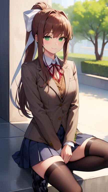 ddlcmonika, ddlcmonika, blunt bangs, brown hair, (green eyes:1.5), long hair, ponytail, ribbon, white ribbon, hair ribbon, sidelocks,
BREAK black thighhighs, blue skirt, brown jacket, jacket, long sleeves, mary janes, over-kneehighs, pleated skirt, , shoes, skirt, thighhighs, zettai ryouiki
BREAK looking at viewer smiling,
BREAK in the park, summer
BREAK (masterpiece:1.2), best quality, high resolution, unity 8k wallpaper, (illustration:0.8), (beautiful detailed eyes:1.6), extremely detailed face, perfect lighting, extremely detailed CG, (perfect hands, perfect anatomy),