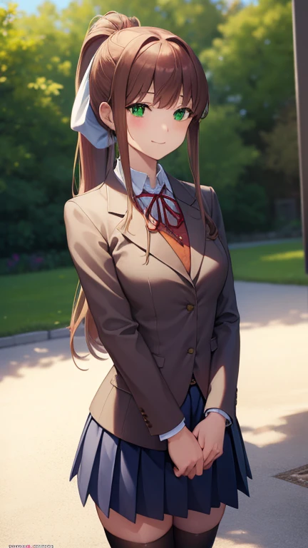 ddlcmonika, ddlcmonika, blunt bangs, brown hair, (green eyes:1.5), long hair, ponytail, ribbon, white ribbon, hair ribbon, sidelocks,
BREAK black thighhighs, blue skirt, brown jacket, jacket, long sleeves, mary janes, over-kneehighs, pleated skirt, , shoes, skirt, thighhighs, zettai ryouiki
BREAK looking at viewer smiling,
BREAK in the park, summer
BREAK (masterpiece:1.2), best quality, high resolution, unity 8k wallpaper, (illustration:0.8), (beautiful detailed eyes:1.6), extremely detailed face, perfect lighting, extremely detailed CG, (perfect hands, perfect anatomy),