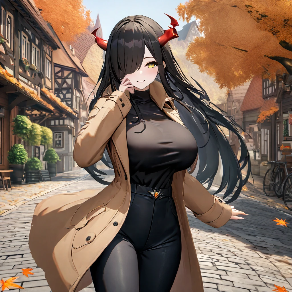 A woman wearing a long camel women's coat, black shirt, tight black pants, black leather boots, black hair, long hair, bangs covering one eye, yellow eyes, big breast,vision close to the face, smiling, mature woman, red horn, walking on a sidewalk in a traditional German town in autumn weather, orange leaves by the road, daytime location.,UHD , work- prime, precise, anatomically correct, textured skin, super details, high quality, best quality, 8k, high resolution, bokeh effect. (woman solo)
