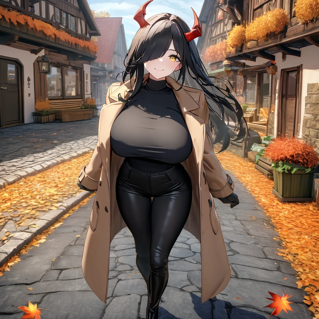 A woman wearing a long camel women's coat, black shirt, tight black pants, black leather boots, black hair, long hair, bangs covering one eye, yellow eyes, big breast,vision close to the face, smiling, mature woman, red horn, walking on a sidewalk in a traditional German town in autumn weather, orange leaves by the road, daytime location.,UHD , work- prime, precise, anatomically correct, textured skin, super details, high quality, best quality, 8k, high resolution, bokeh effect. (woman solo)
