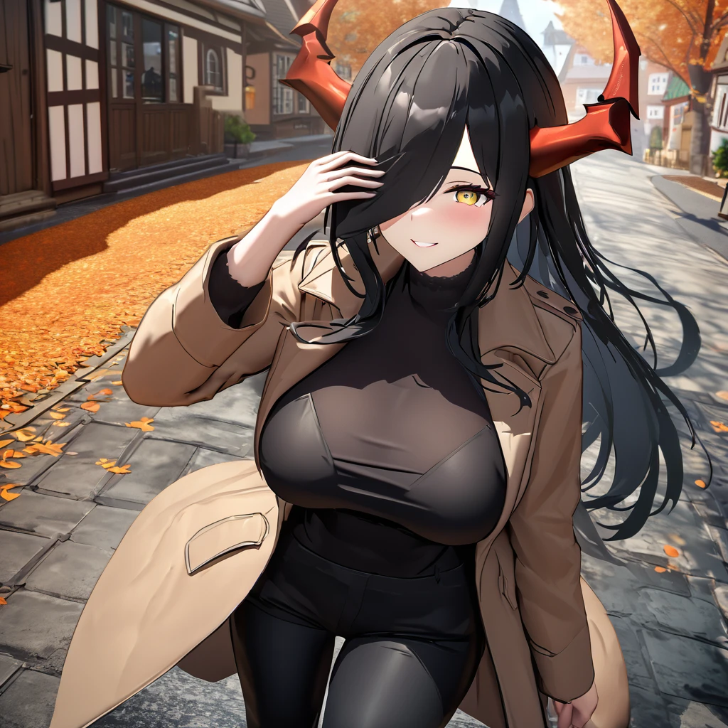 A woman wearing a long camel women's coat, black shirt, tight black pants, black leather boots, black hair, long hair, bangs covering one eye, yellow eyes, big breast,vision close to the face, smiling, mature woman, red horn, walking on a sidewalk in a traditional German town in autumn weather, orange leaves by the road, daytime location.,UHD , work- prime, precise, anatomically correct, textured skin, super details, high quality, best quality, 8k, high resolution, bokeh effect. (woman solo)
