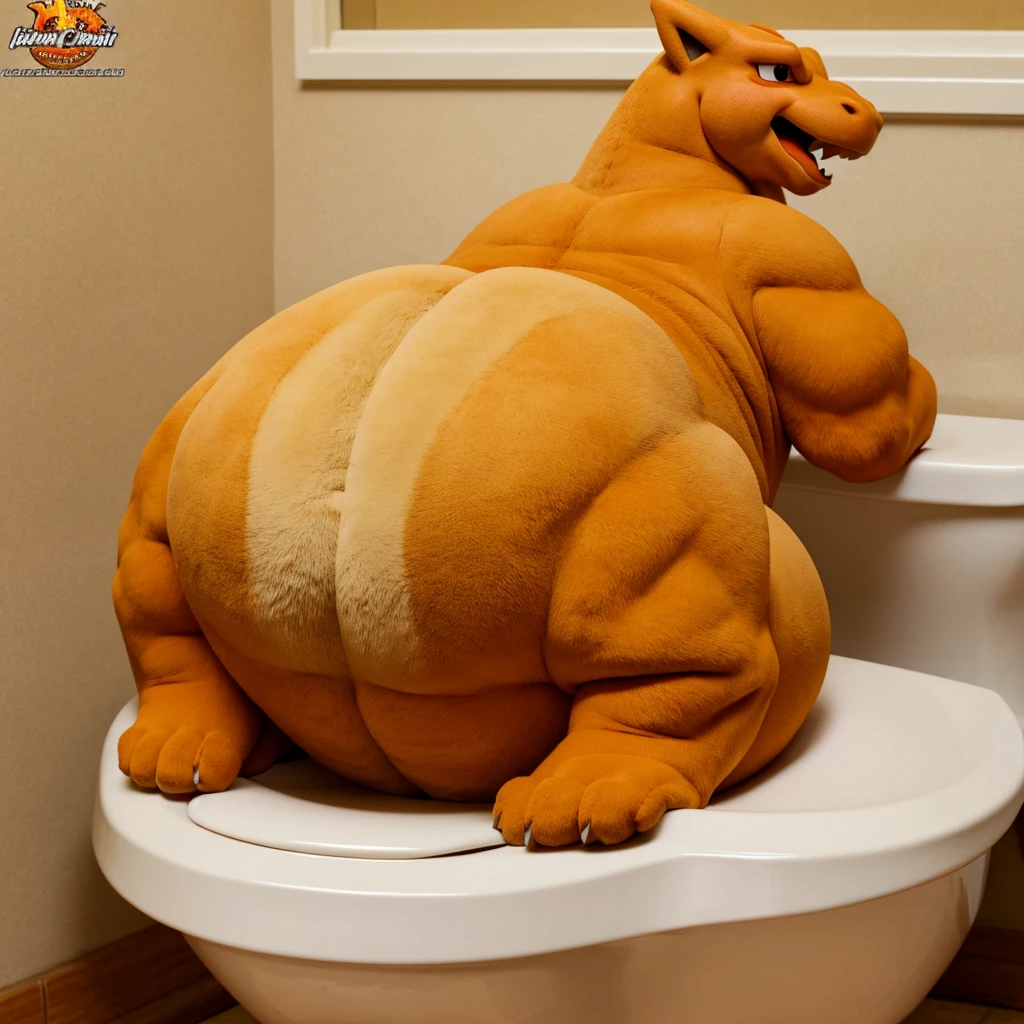 Fat Charizard big belly and large body and his big chunky body and hes butt is big and his butthole is Bigger and hes on the toilet 