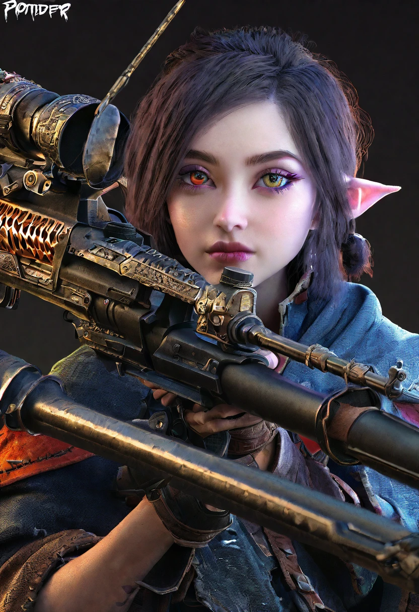 1 girl, goblin, beautiful detailed eyes, beautiful detailed lips, extremely detailed eyes and face, long eyelashes, western outfit, magic sniper rifle, 8k, highres, masterpiece, ultra-detailed, realistic, photorealistic, HDR, studio lighting, sharp focus, physically-based rendering, extreme detail description, professional, vivid colors, fantasy, sci-fi, dark fantasy, full body shot