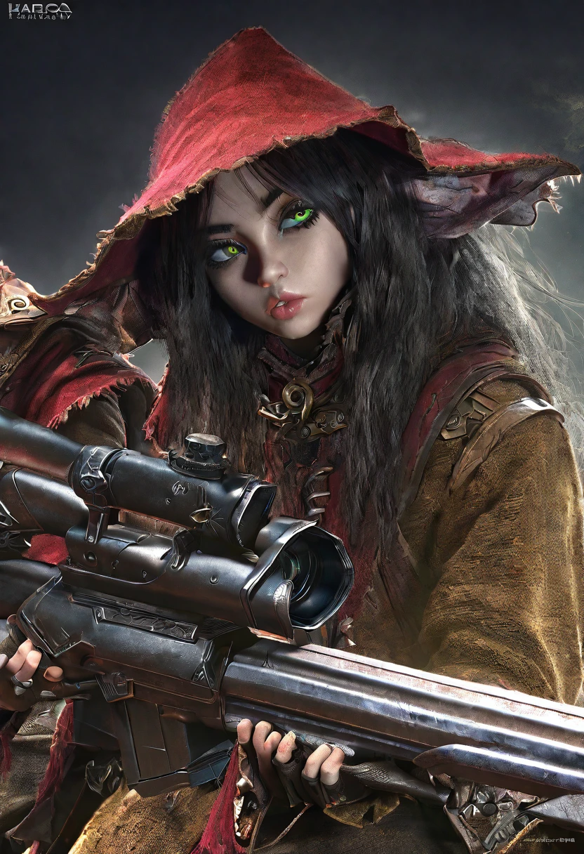 1 girl, goblin, beautiful detailed eyes, beautiful detailed lips, extremely detailed eyes and face, long eyelashes, western outfit, magic sniper rifle, 8k, highres, masterpiece, ultra-detailed, realistic, photorealistic, HDR, studio lighting, sharp focus, physically-based rendering, extreme detail description, professional, vivid colors, fantasy, sci-fi, dark fantasy, full body shot