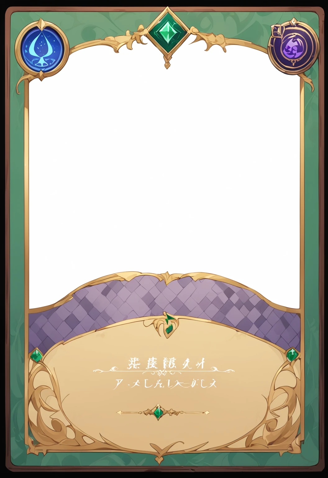 A card border UI,Medieval European aristocracy design,Noble and elegant dark style,There is a lavender ribbon in the middle with the card name.,Redwood frame,Parchment backing,There are blood stains on it。Deep Red、Emerald Green、Gold main tone。