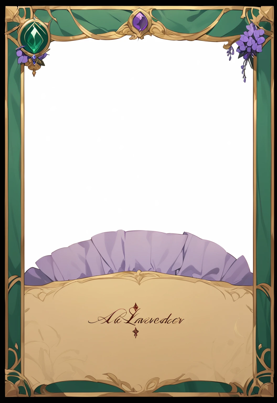 A card border UI,Medieval European aristocracy design,Noble and elegant dark style,There is a lavender ribbon in the middle with the card name.,Redwood frame,Parchment backing,There are blood stains on it。Deep Red、Emerald Green、Gold main tone。