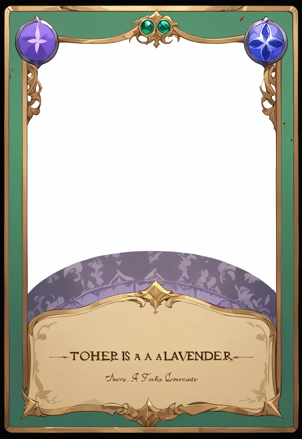 A card border UI,Medieval European aristocracy design,Noble and elegant dark style,There is a lavender ribbon in the middle with the card name.,Redwood frame,Parchment backing,There are blood stains on it。Deep Red、Emerald Green、Gold main tone。