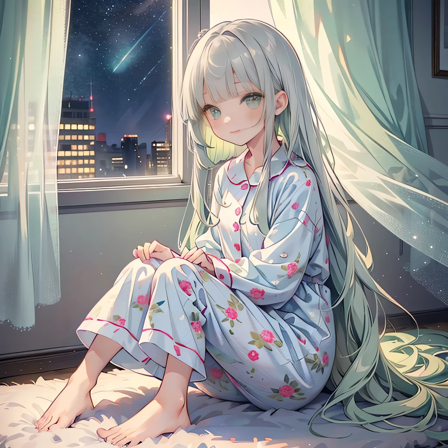 ♥full body,(floral cute pajamas),((1girl,cute,little ,semi long beautiful silver green hair,blunt bangs,beautiful eyes)),beautiful pastel house room,flat sitting on the carpet,curtain,window,night starry sky,
(solo),(looking at the viewer), innocent smile,cinematic lighting and pause,