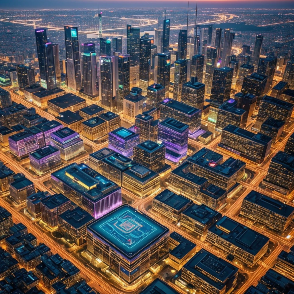 Imagine a panoramic view of the Utopian Crypto City at dusk. The sky is a gradient of orange and purple hues, reflecting off the glass facades of towering skyscrapers. Neon signs flicker with Bitcoin symbols, and drones zip by, projecting advertisements for the latest blockchain technologies. In the heart of the city lies a grand plaza with a monumental Bitcoin fountain, where water cascades over shimmering golden coins. People from all walks of life gather here, some trading digital assets on their holographic devices, others simply enjoying the harmony of this crypto-integrated society. Above, a network of skybridges connects buildings, bustling with activity as citizens move effortlessly through this interconnected urban paradise.