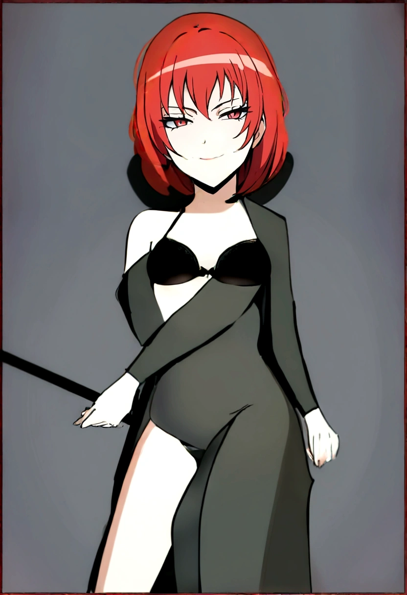 a beautiful girl with long red hair wearing a black dress, detailed facial features, bob haircut, full body illustration, woman wearing a long black and red coat, solo character, white background, anime style, highly detailed, photorealistic, 8k, best quality, masterpiece, blue eyes, short hair
