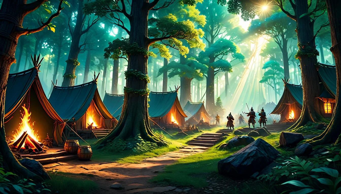 (extremely detailed CG unity 8k wallpaper,masterpiece, best quality, ultra-detailed), (anime, fantasy), (best quality, high resolution, depth of filed, HDR:1.2), (an army camp in the ancient forest, siege, medieval, camp, soldiers, swords and bows, campfire), fantastical landscapes, vibrant colors, majestic, dark enchanted, dangerous atmosphere, beautiful, extremely detailed, intricate, delicate, serene fantasy, light filtering through the trees, bokeh, cinematic lighting, 8k, high quality
