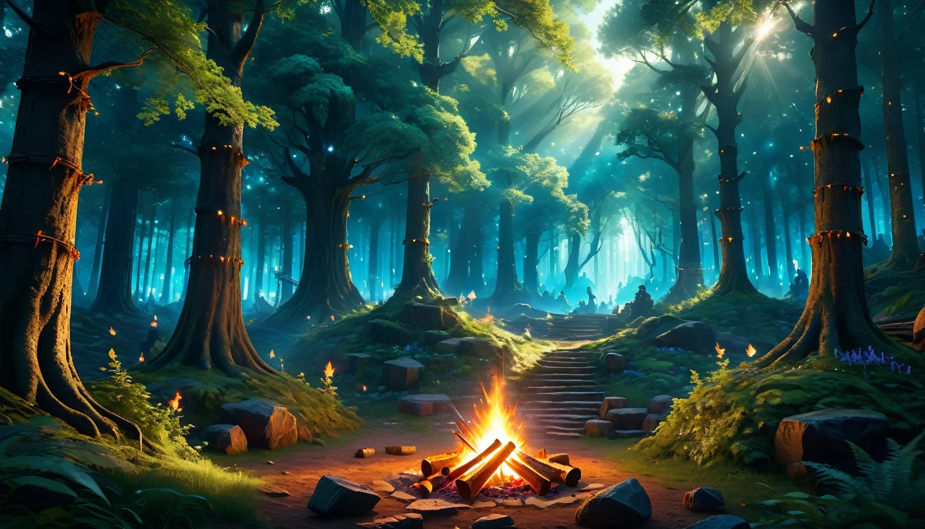 (extremely detailed CG unity 8k wallpaper,masterpiece, best quality, ultra-detailed), (anime, fantasy), (best quality, high resolution, depth of filed, HDR:1.2), (an army camp in the ancient forest, siege, medieval, camp, soldiers, swords and bows, campfire), fantastical landscapes, vibrant colors, majestic, dark enchanted, dangerous atmosphere, beautiful, extremely detailed, intricate, delicate, serene fantasy, light filtering through the trees, bokeh, cinematic lighting, 8k, high quality