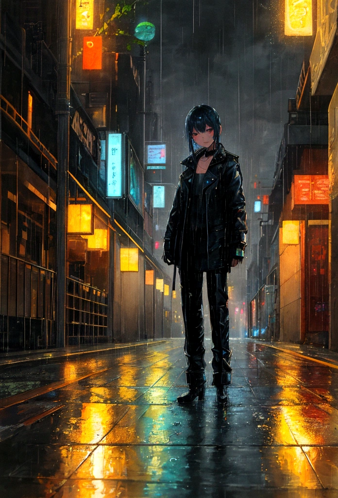 cyber punk, Rainy city at night、Close-up、Many raindrops in a puddle、Neon Reflection、scenery, oil painting, William Turner style