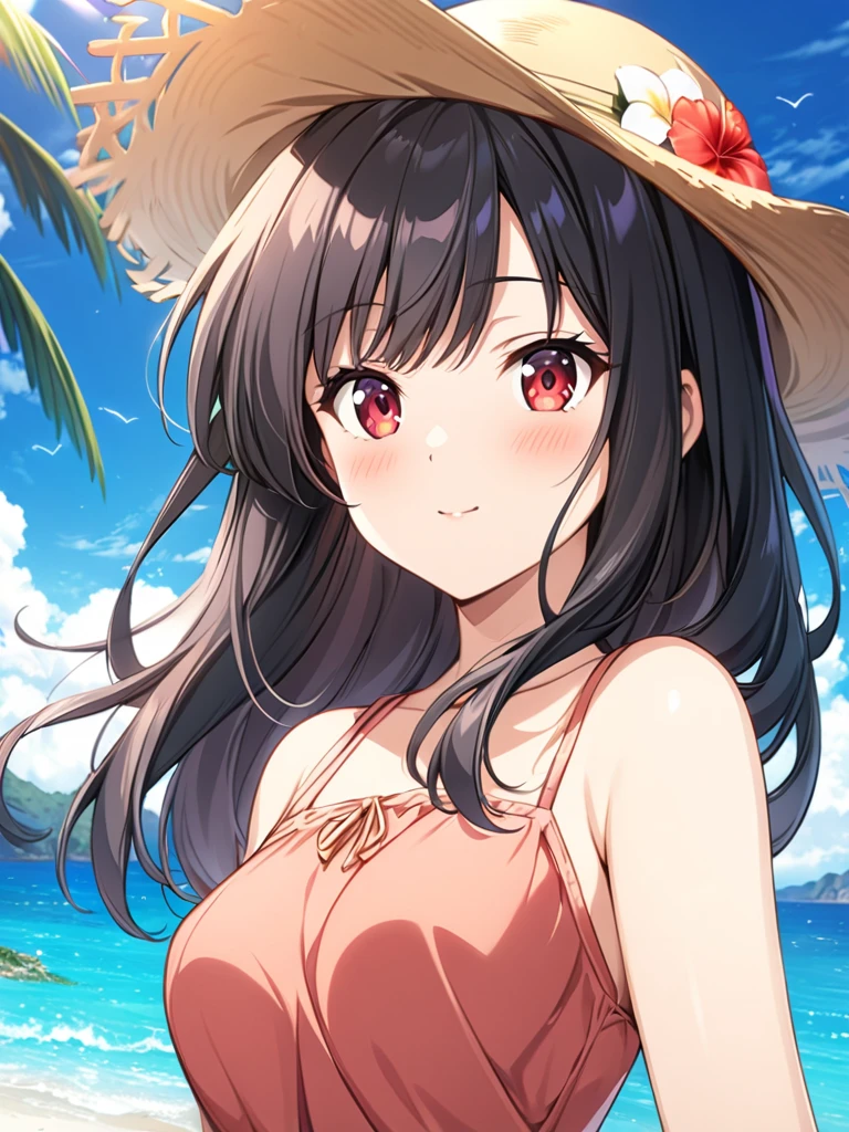 (masterpiece, best quality), very aesthetic, absurdres, extremely detailed CG unity 8k wallpaper, super fine illustration, (detailed_face:1.2), BREAK 1girl, long black hair wearing a straw hat, small breasts, (glamorous expression), red eyes, anime style 4k, beautiful anime portrait, anime moe art style, anime art wallpaper 4k, High quality anime art style, anime style portrait, be familiar with digital anime art, anime art wallpaper 8k, cute anime girl portrait, Hawaii background, blue sea, palm trees, sunlight, whole body, BREAK depth of field, perfect hands, nice fingers, 5_finger, 4_finger,1_thumb,