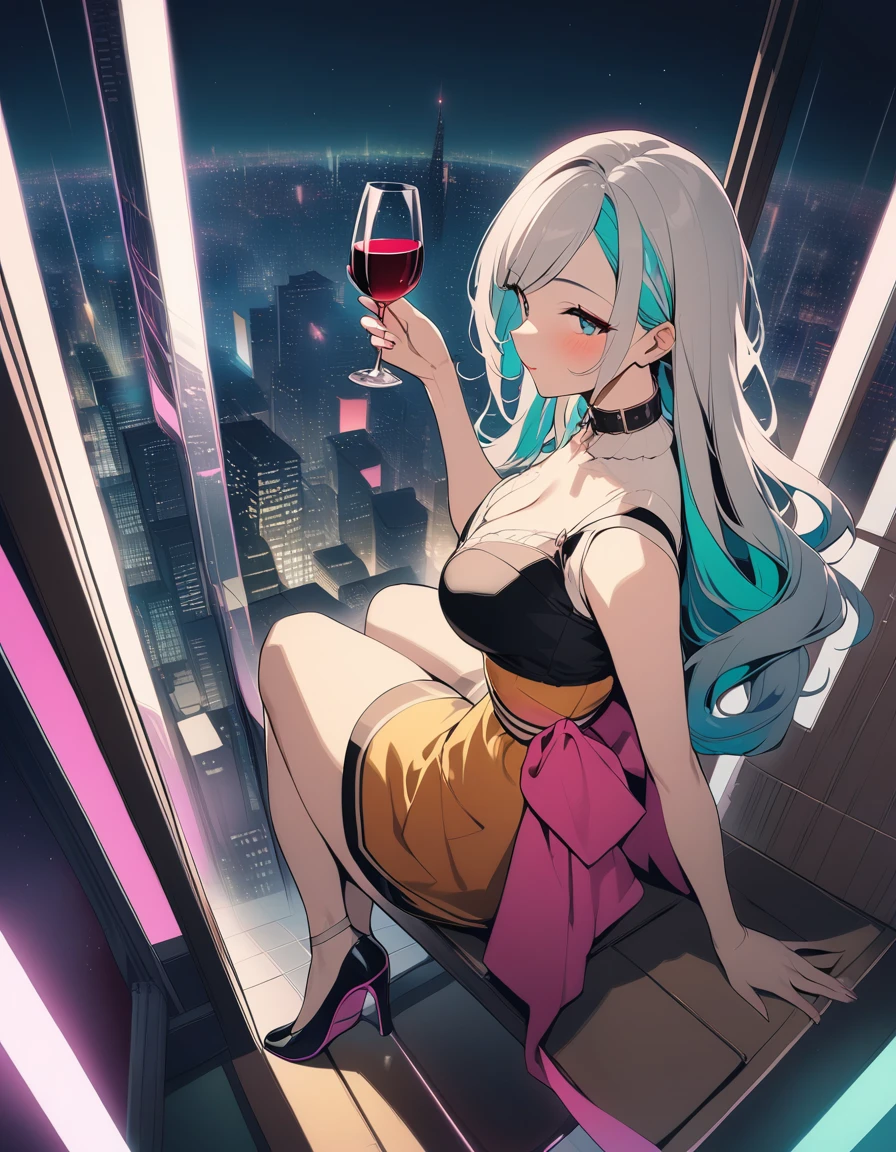 One girl,Drinking wine、In love, Multicolored Hair, Shoulder-length hair, Retro costumes, High heels, Sideways glance, Hyper Pop, Night view, Retro feel, overview, masterpiece, Highest quality,