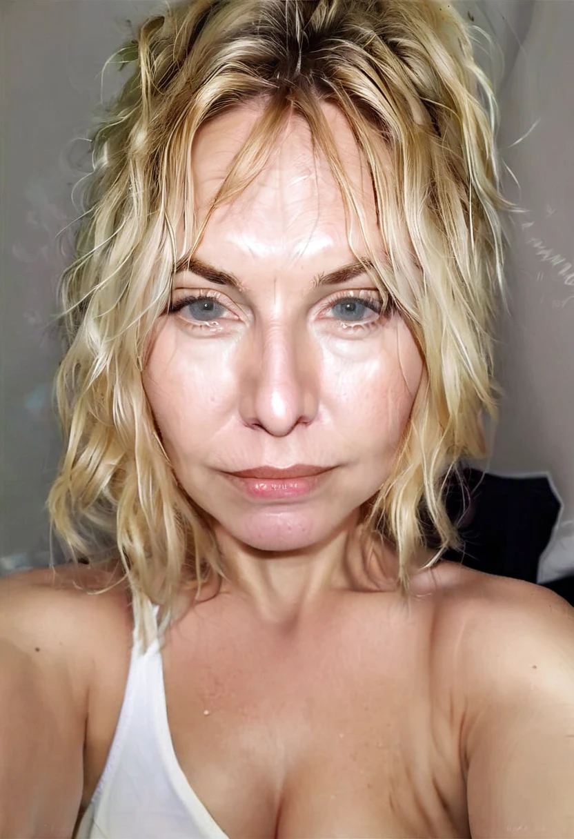 woman 45 years old, messy blonde hair, with open pores, wrinkles, natural eyes, big face and full lips, bushy eyebrows, is looking straight into the camera, with a welcoming look, , homemade looking photo, no effects and shine, must look like a real person, cell phone selfie photo, must have background image, whether the fourth,