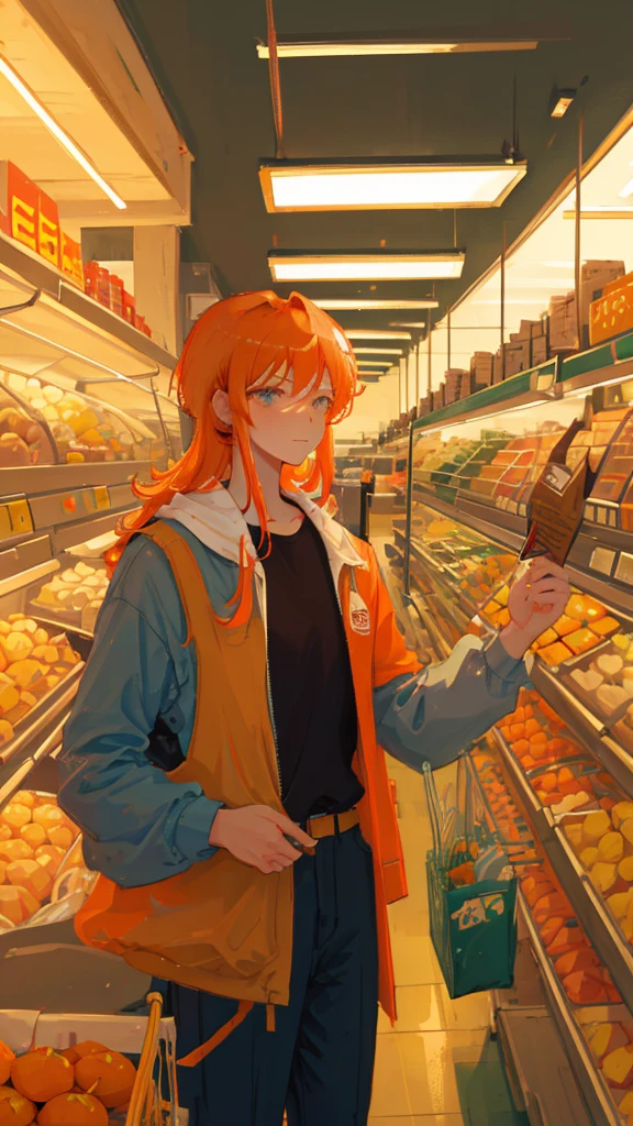 Man with orange hair being a grocery store cashier
