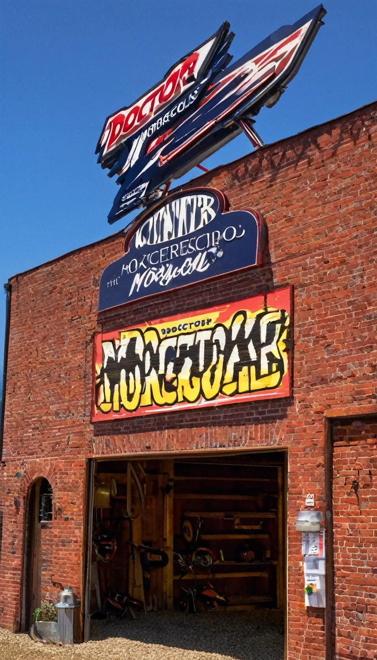 Show the bright sign of "Doctor Motocross" above the workshop entrance, while you hear the noise of engines in the background.