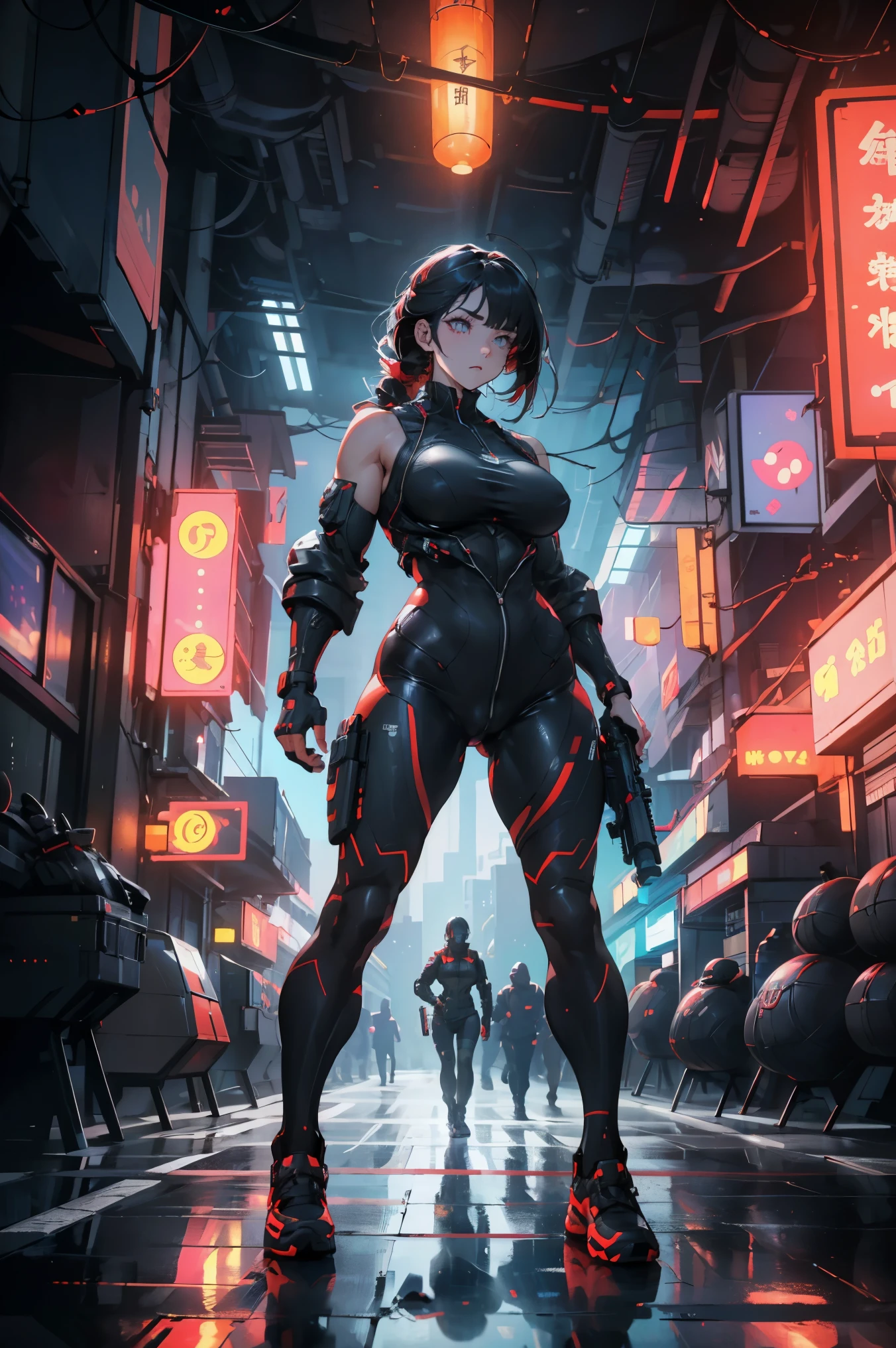 Muscle Special Forces Girl，Eyes glow,  Wearing black special forces gear, With a gun in hand, Full Body Love, Shooting at knee height, Cyberpunk, Neon, Futuristic, Surrealism, Red，3d, Redshift, maxon Cinema 4D, Quaixel Megascan Rendering, Doomsday colors, Red light, Futuristic, 1/3, High Detail, Ultra-high quality, Unreal Engine, 8K,huge , Crazy breast swelling, Chest larger than shoulder blades, Big breasts and thin waist，(huge breasts:1.2)，Hydrated skin（（rogue））（（非常huge乳房）），（（Grooves reveal original skin）)