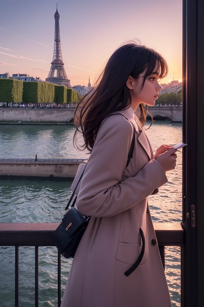 A book cover design The cover features an iconic view of the Eiffel Tower at dusk, with soft tones of purple and pink tinting the sky. Em primeiro plano, a young female figure, Profile, walks along the River Seine, looking at the tower in awe. She wears a vibrant red coat, which contrasts with the soft tones of the surrounding Parisian scenery. The title of the book, "An Abnormal Life in Paris", is written in elegant, modern letters at the top of the cover, with a style that evokes the charm and mystery of the city. Below the title, the name of the author, Nicole Souza Santos, in a delicate and discreet font