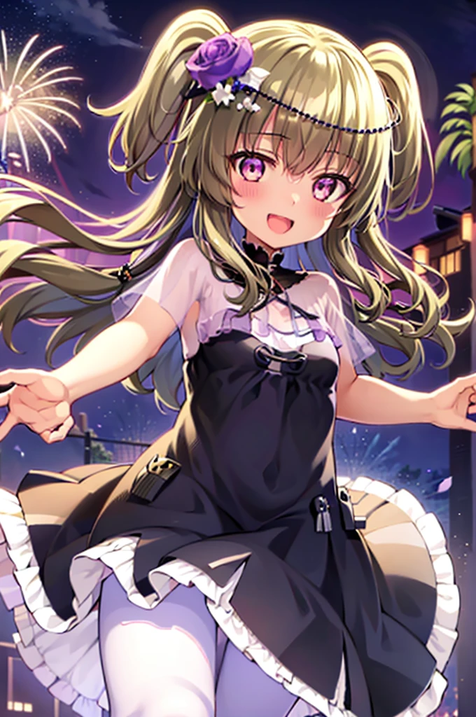 Himari Mei, masterpiece, loli, cute, flat chest, cute and shy smile, highly detailed sparkling brilliant purple eyes, open mouth slightly, standing in summer night,black dress, perfect body, detailed hands, detailed fireworks in the sky, outstretched arms for viewer, full body