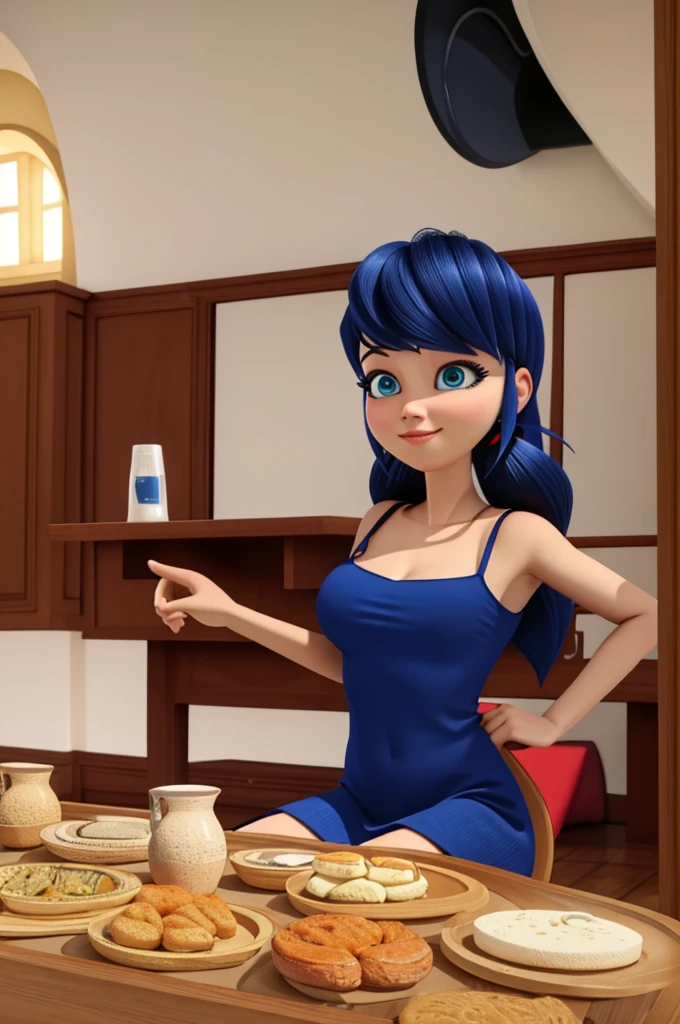 (8k, RAW photo, best quality, masterpiece:1.2), (intricate details), perfect eyes, perfect face, perfect lighting, beautiful, (masterpiece:1.2), (best quality:1.2), 1girl, solo, marinette, blue hair, ((long loosen hair)), adult torso, 17 years old, slight smile, huge sized breasts, (long v neck red dress), cowboy shot, 3DMM, seated, front view